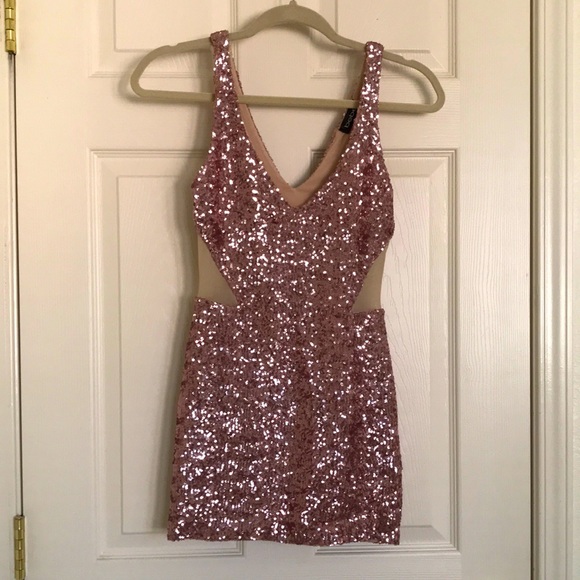 bebe Dresses & Skirts - Bebe pink sequin dress w/mesh cutouts